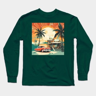 Christmas in july red car palm trees Long Sleeve T-Shirt